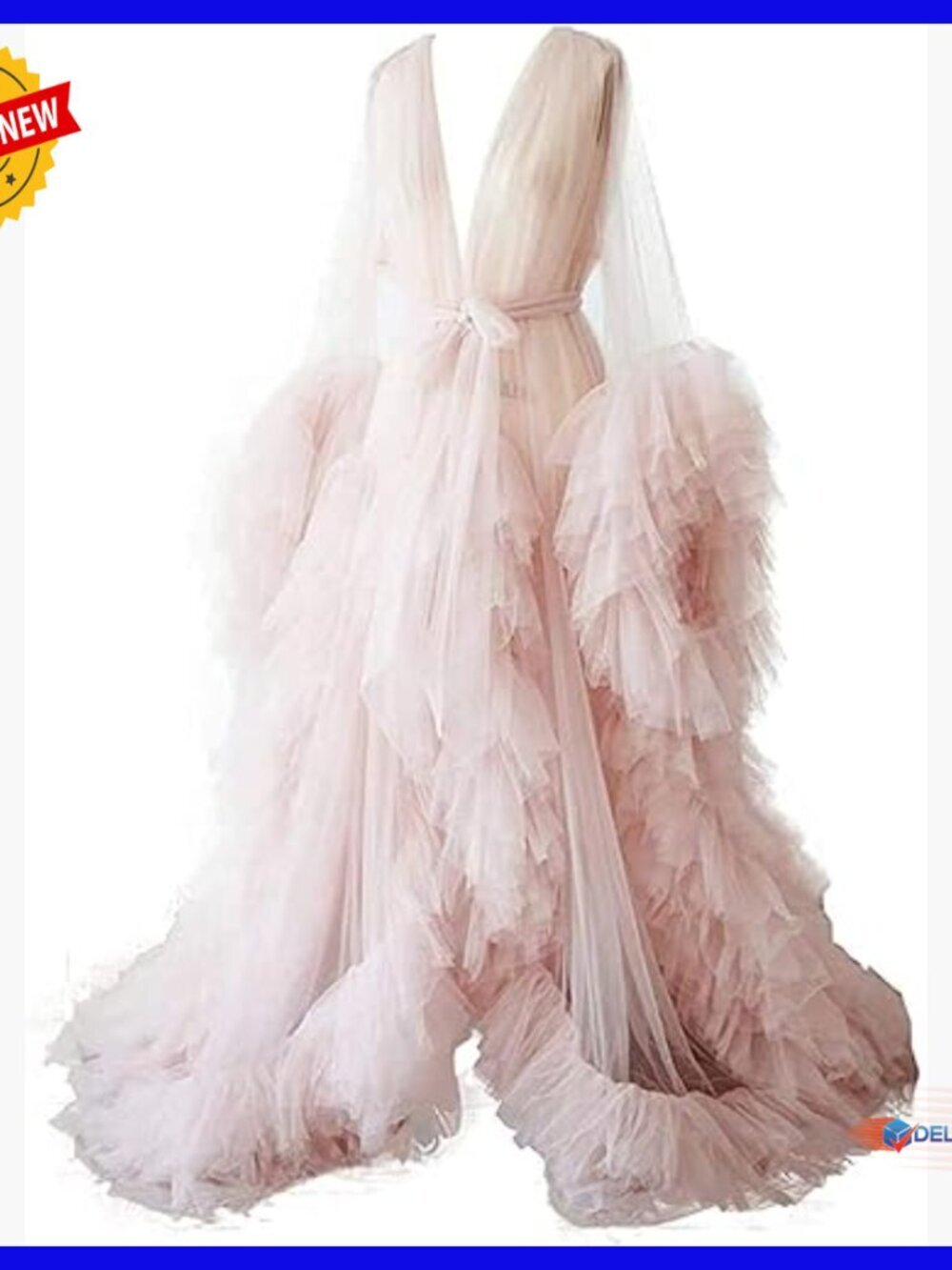 Tulle Maternity Robe Long Sleeve V-Neck Floor Length Photoshoot Gown - Picture 1 of 7